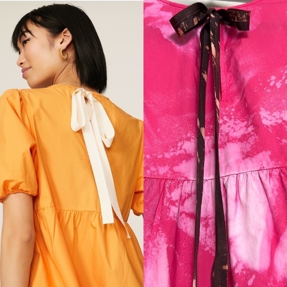 PETER SOM Midi Dress Bleach Splatter Puff Short Sleeve Ruffle Tiered Tie‎ Back 6 - Picture 4 of 9